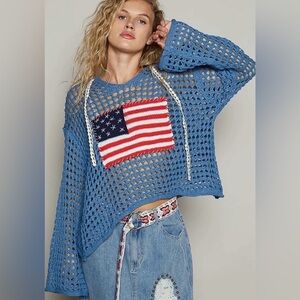 POL Blue Crochet Sweater with American Flag, Size Medium